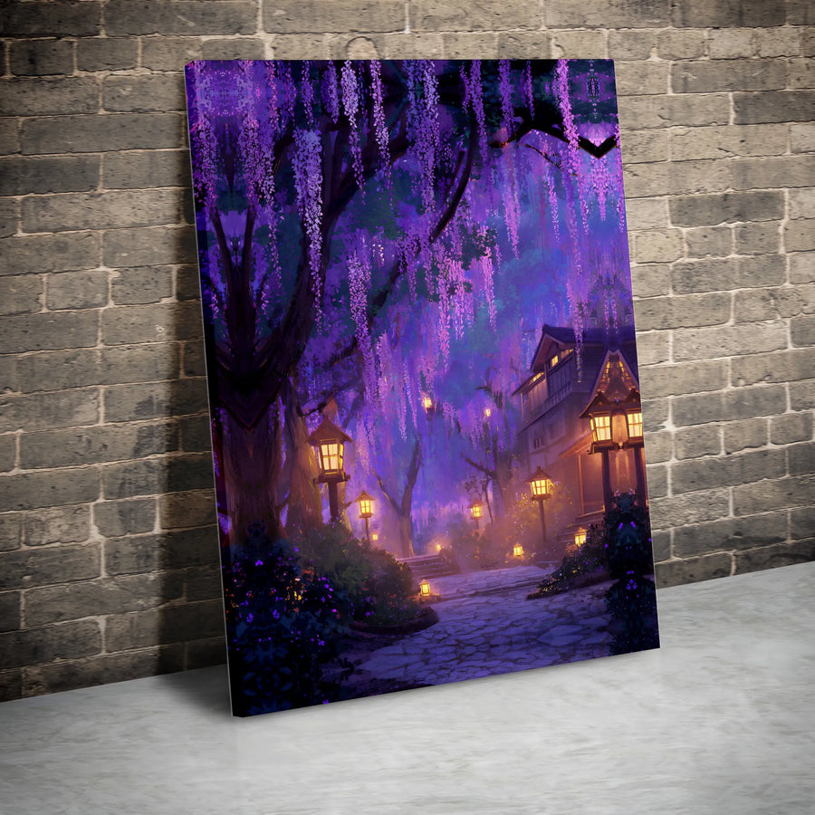 Japanese Garden Wall Art | Purple Wisteria Night Forest Landscape | Premium Gallery Wrapped Canvas | Enchanted Home Decor Gift