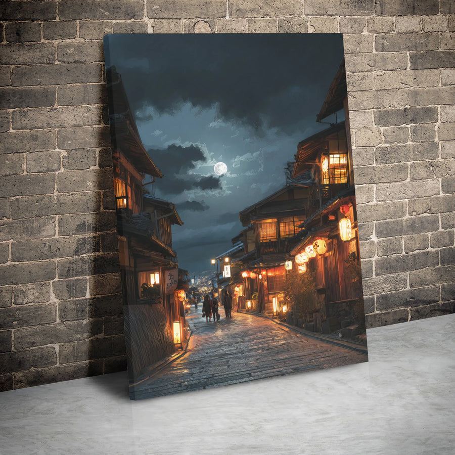 Japanese Street Canvas Wall Art | Nighttime Lantern Alley View | Premium Gallery Wrap | Zen Home Decor Gift for Travelers