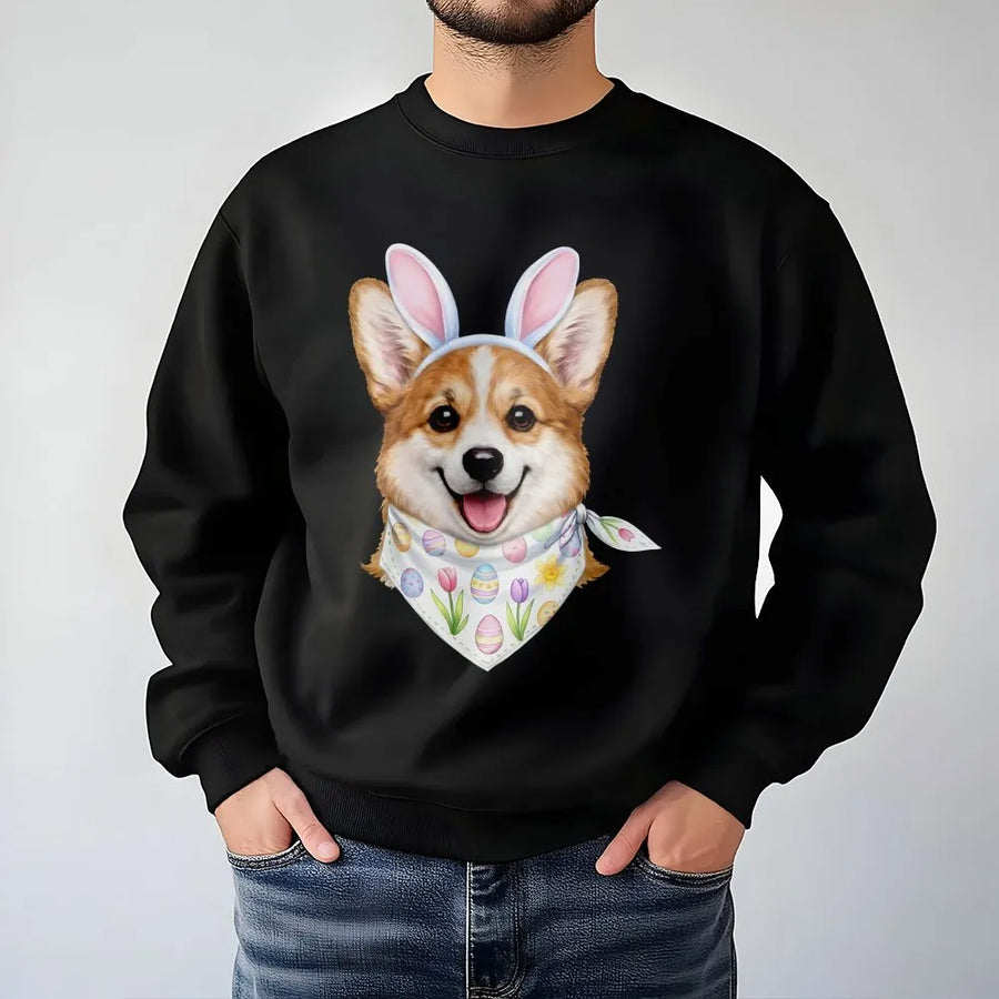 Corgi Easter Bunny Sweatshirt | Cute Dog Graphic With Pastel Eggs | Premium Cotton Blend Crewneck | Holiday Gift For Dog Lovers