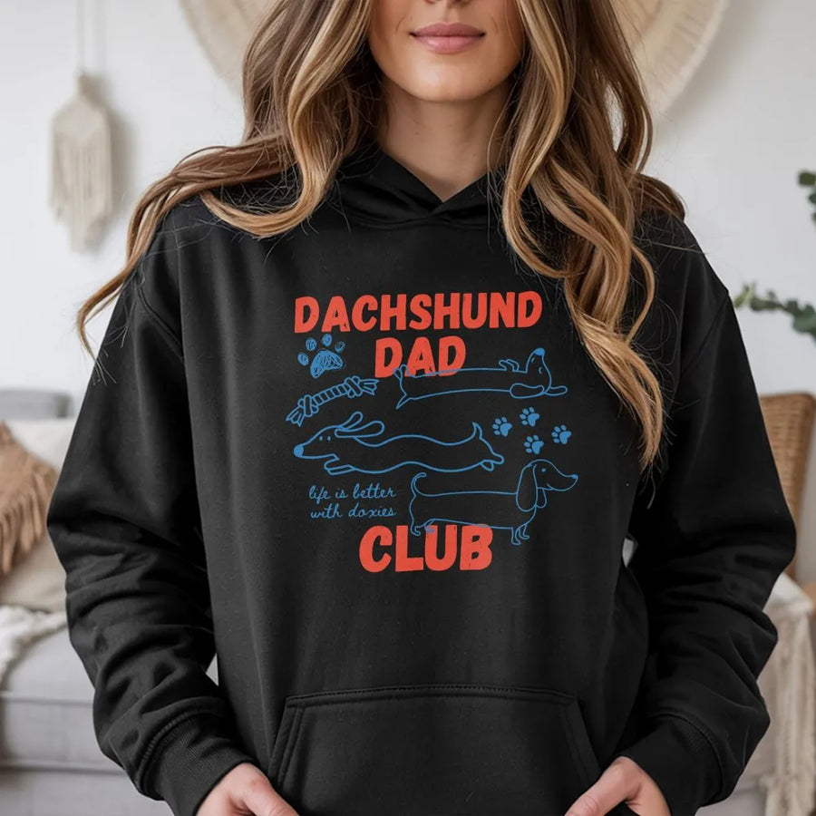 Dachshund Dad Club Hoodie | Funny Wiener Dog Graphic Crewneck | Soft Cotton Blend Pullover | Gift for Dog Owner Men