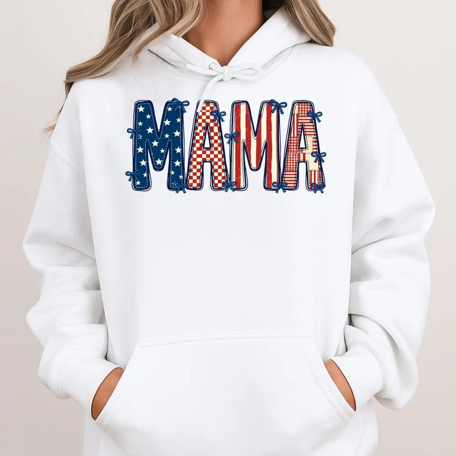 Patriotic Mama Hoodie | American Flag Lettering Design | Comfort Colors Cotton Tee | 4th of July Gift for Mom