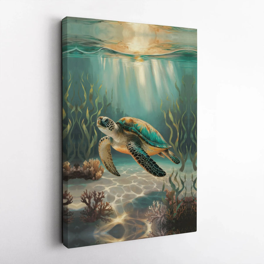Sea Turtle Wall Art | Underwater Ocean Scene with Sun Rays | Gallery Wrapped Canvas | Coastal Decor for Home Office