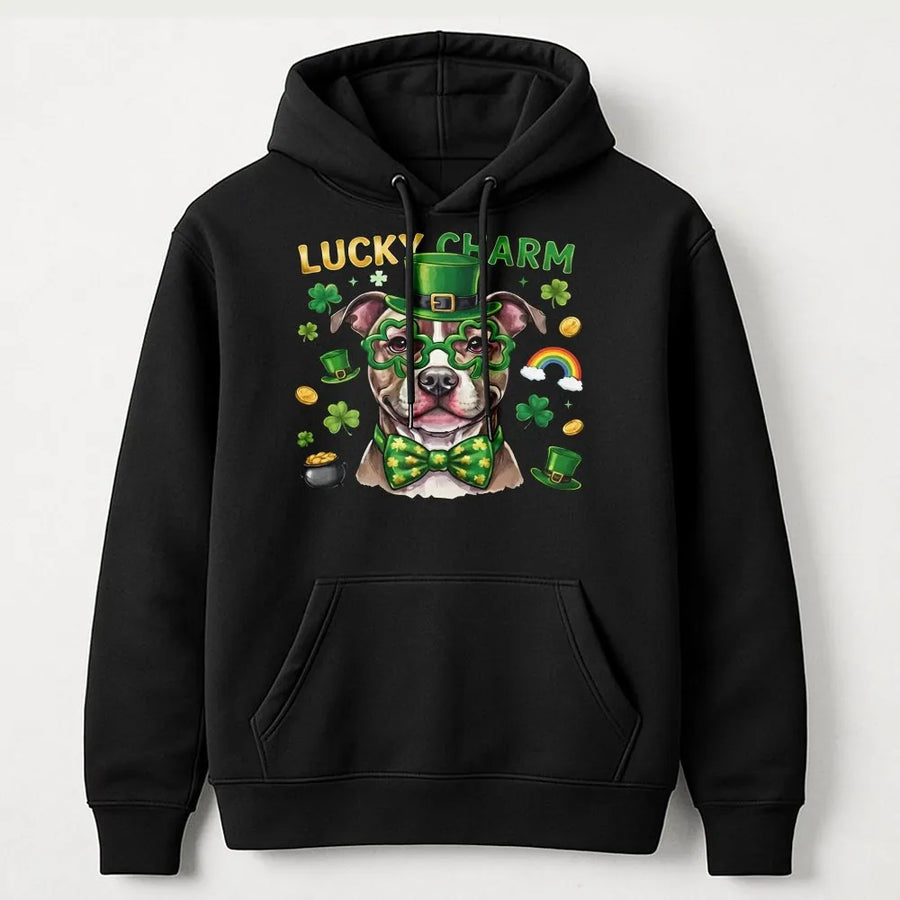 Pitbull St. Patrick's Day Hoodie | Lucky Charm Dog Graphic Design | Premium Cotton Blend Sweatshirt | Cute Gift for Dog Moms & Animal Lovers
