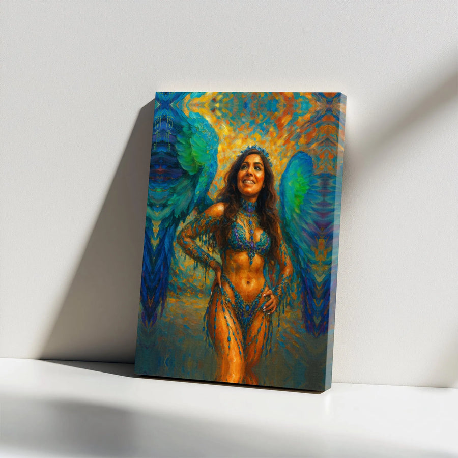 Carnival Angel Canvas Wall Art | Impressionist Woman with Blue Wings | Premium Gallery Wrap Print | Vibrant Spiritual Home Decor Gift