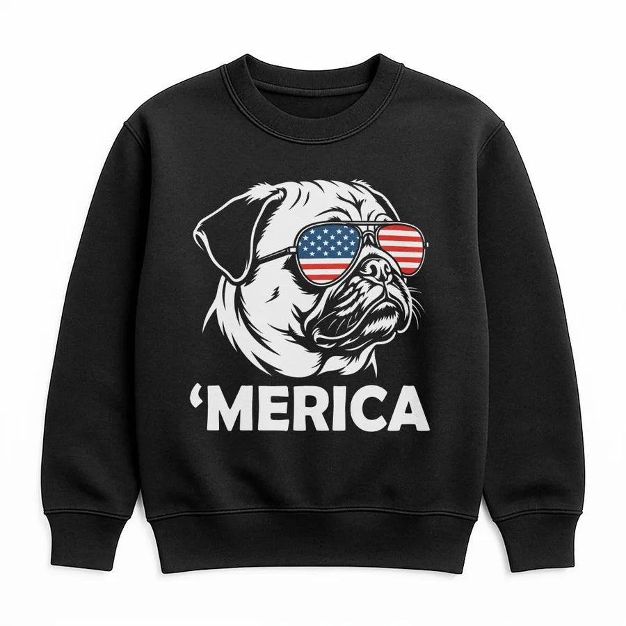 Funny Merica Pug Sweatshirt | Patriotic Dog with USA Flag Glasses | Cozy Unisex Crewneck | 4th of July Party Gift