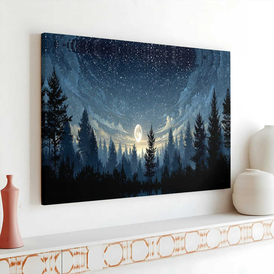 Night Sky Forest Canvas | Starry Night Landscape with Full Moon | Premium Fade-Resistant Print | Nature Lover Gift for Bedroom Decor