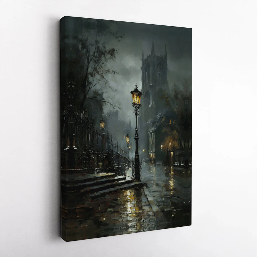Moody Gothic City Street Canvas Print | Rainy Night Gas Lamp Wall Art | Premium Gallery Wrapped Decor | Dark Academia Gift for Home Office