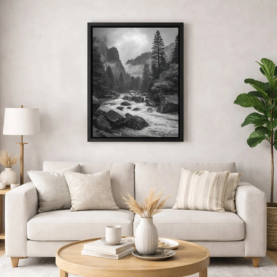 Yosemite Valley Landscape Canvas Print | Black and White Mountain River Photography | Premium Gallery Wrapped Wall Art | Modern Home Decor Gift