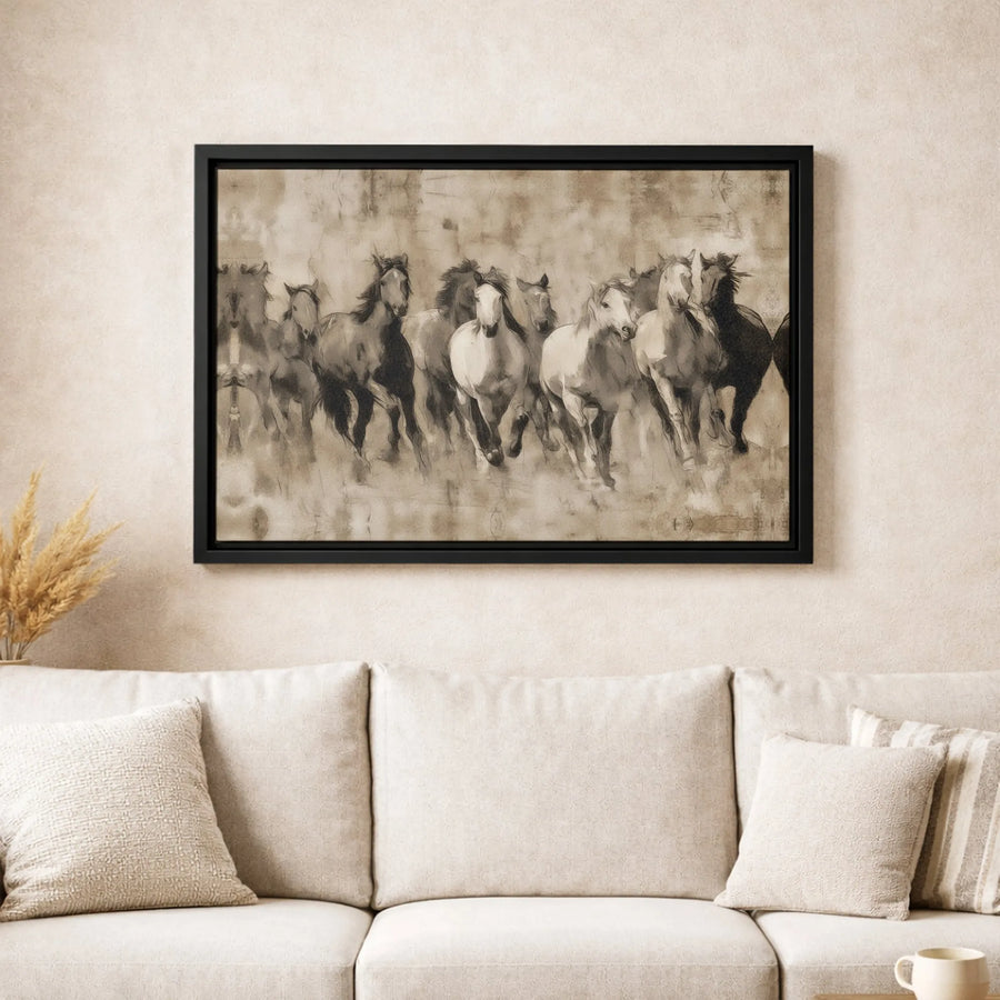 Running Horses Canvas Wall Art | Vintage Sepia Sketch Herd Print | Premium Gallery-Wrapped Gallery Quality Decor | Equestrian Home Office Gift