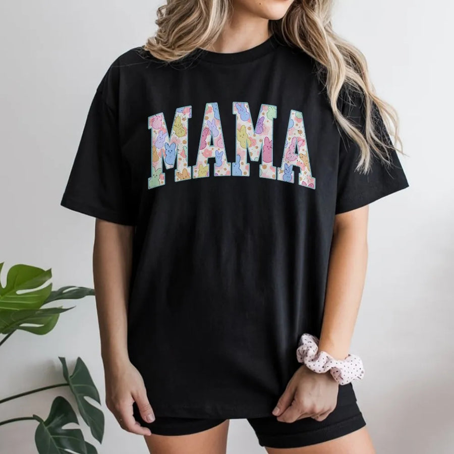 Mama Easter T-Shirt | Pastel Bunny Pattern Text Design | Premium Soft Cotton Blend | Cute Spring Holiday Gift For Mom