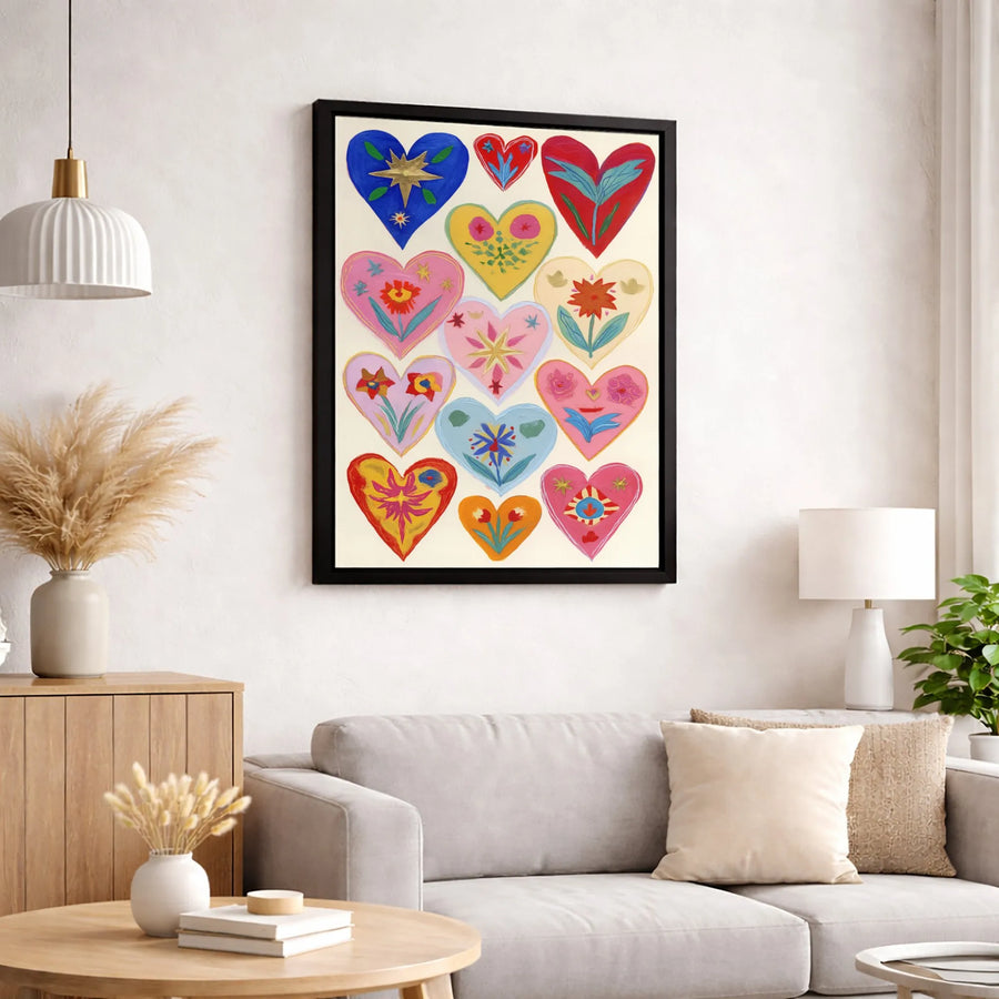 Colorful Folk Art Hearts Wall Art | Whimsical Floral & Star Motif Canvas | Premium Gallery-Quality Print | Bohemian Home Decor Gift