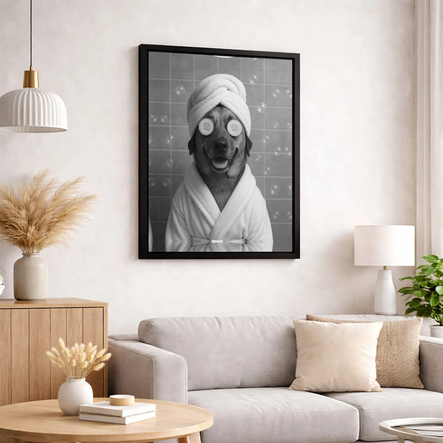 Dog Spa Day Canvas Art | Funny Bathrobe Puppy Portrait | Premium Gallery Wrap Wall Decor | Cute Bathroom Animal Home Gift