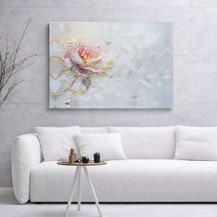 Abstract Pink Flower Wall Art | Impasto Gold Leaf Texture | Premium Gallery Wrap Canvas | Elegant Modern Home Decor Gift