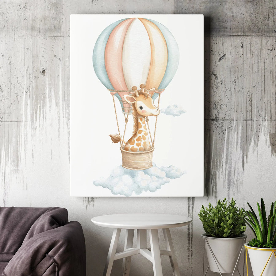 Giraffe Hot Air Balloon Canvas Print | Cute Watercolor Nursery Art | Premium Quality Wall Decor | Safari Animal Kids Room Gift