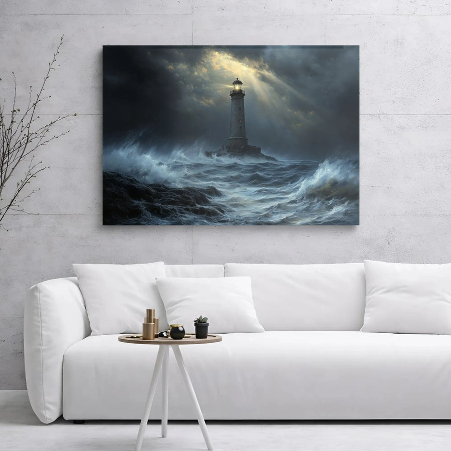 Lighthouse Canvas Wall Art | Moody Stormy Ocean Seascape | Premium Gallery Wrap Decor | Nautical Home Office Gift for Sea Lovers
