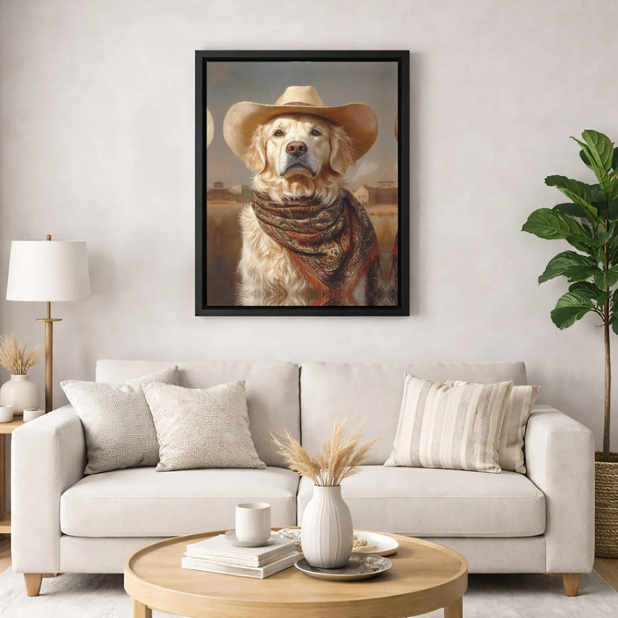 Golden Retriever Cowboy Canvas Print | Western Dog Portrait Wall Art | Premium Gallery-Wrapped Decor | Gift for Dog Lovers & Ranch Home