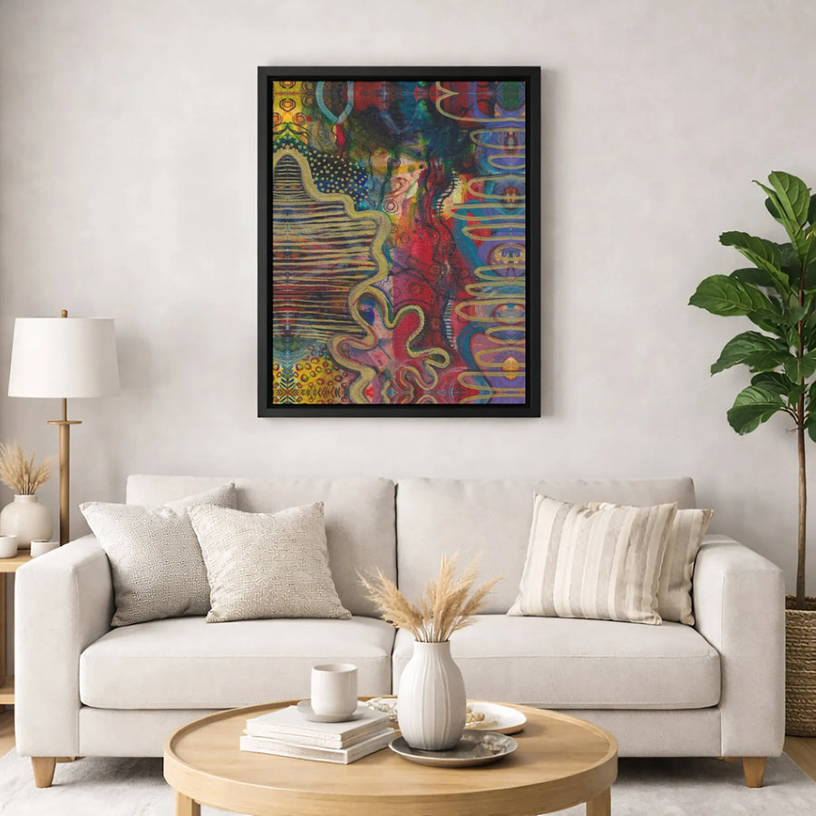 Abstract Canvas Wall Art | Vibrant Gold Line Mixed Media Print | Premium 1.25-Inch Gallery Wrap | Modern Home Office Decor
