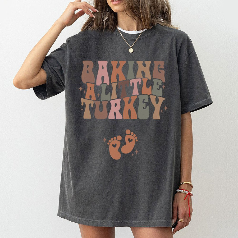 Baking A Little Turkey Pregnancy Announcement T-Shirt | Retro Fall Maternity Graphic Tee | Premium 100% Cotton | Thanksgiving Baby Reveal Gift For Mom