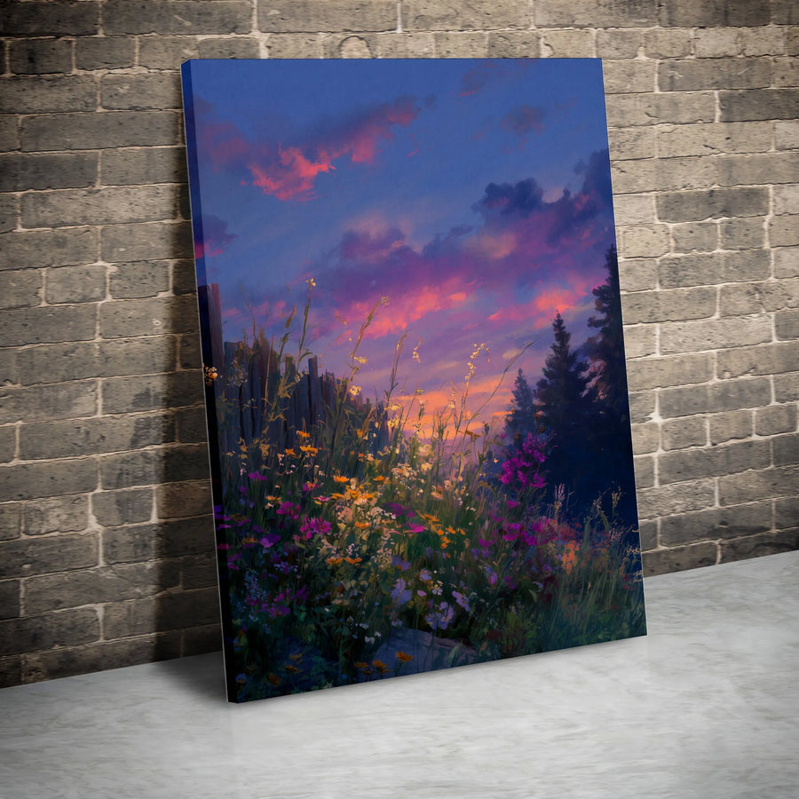 Wildflower Meadow Canvas Wall Art | Impressionist Sunset Forest Landscape | Premium Gallery Wrapped Print | Nature Inspired Home Decor Gift