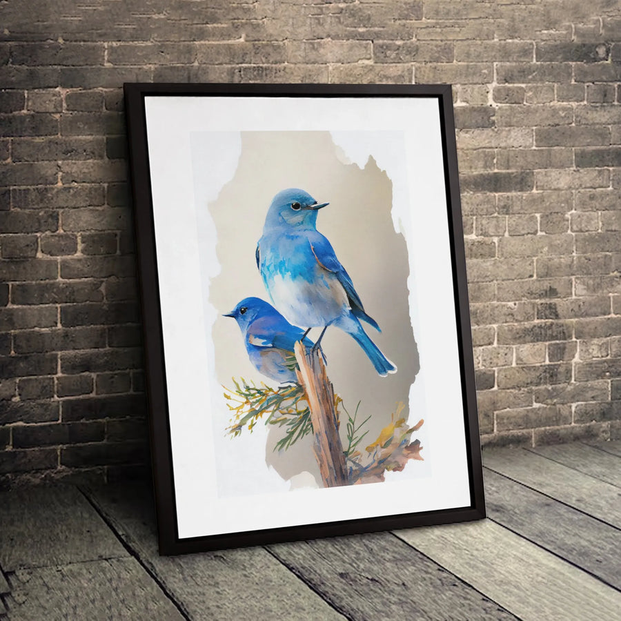 Bluebird Watercolor Wall Art | Serene Pair Perched on Branch | Premium Gallery-Wrapped Canvas Print | Nature Inspired Home Decor Gift