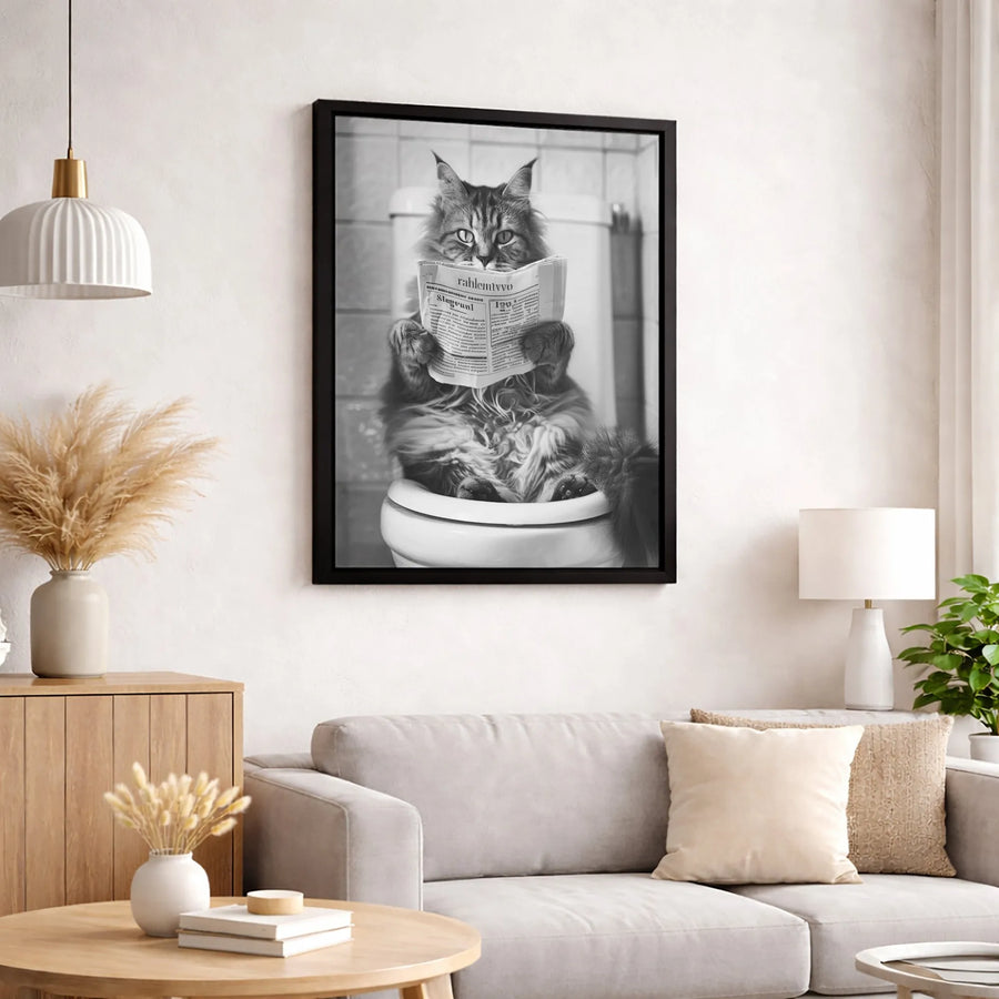 Funny Cat Reading Newspaper Canvas | Whimsical Bathroom Wall Art | Premium Gallery Wrapped Print | Unique Gift for Cat Lovers