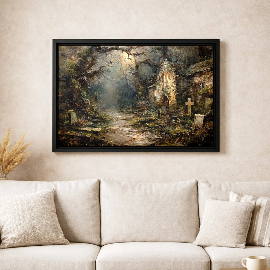 Gothic Graveyard Canvas Wall Art | Abandoned Church Dark Forest Landscape | Premium Gallery-Wrapped Print | Moody Haunted Home Decor Gift