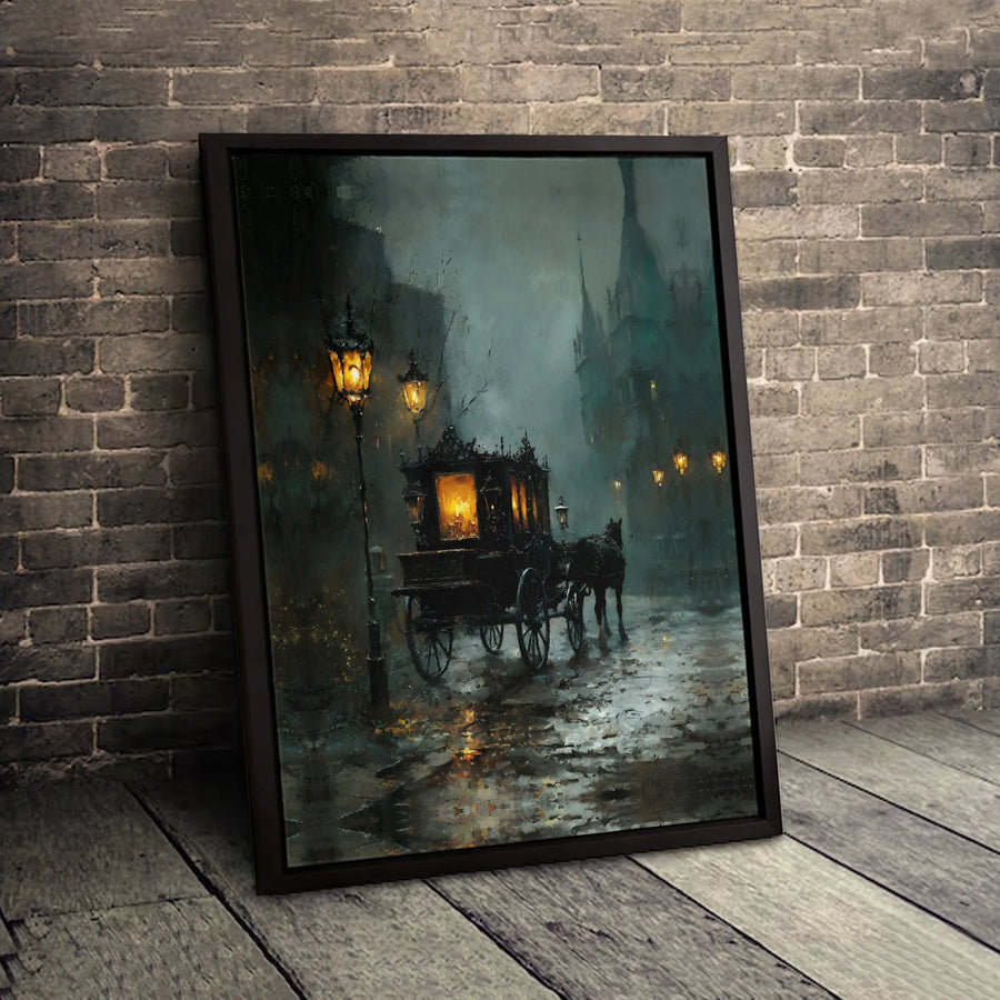 Gothic Horse Carriage Wall Art | Moody Victorian Street Canvas Print | Premium Gallery Wrapped Decor | Dark Academia Gift for Home Office