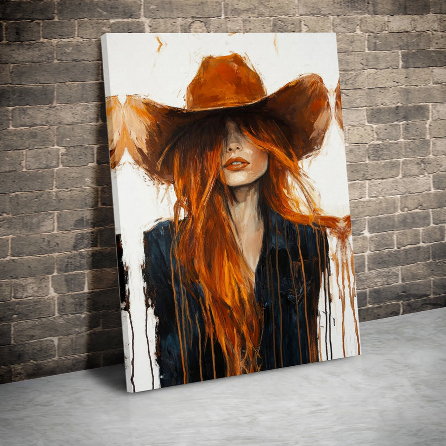 Cowgirl Canvas Wall Art | Abstract Redhead Western Portrait | Premium Gallery Wrapped Print | Rustic Farmhouse Home Decor Gift