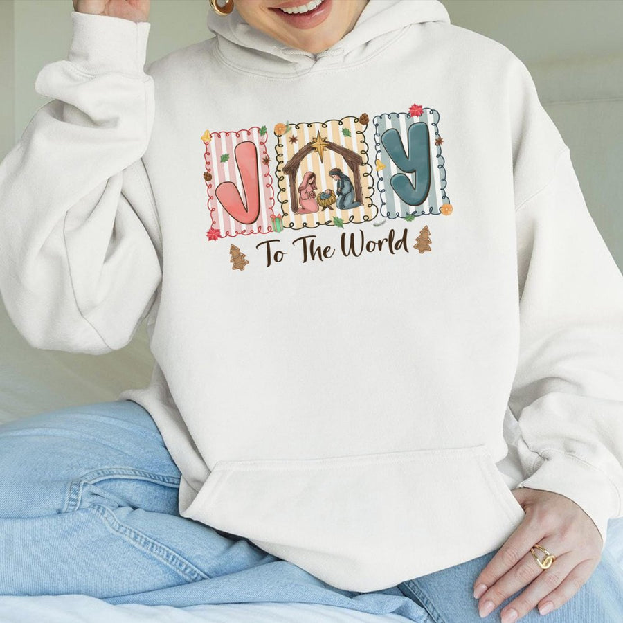 Joy To The World Hoodie | Nativity Scene Christmas Graphic | Premium Cotton Blend | Faith-Based Religious Holiday Gift for Women and Men
