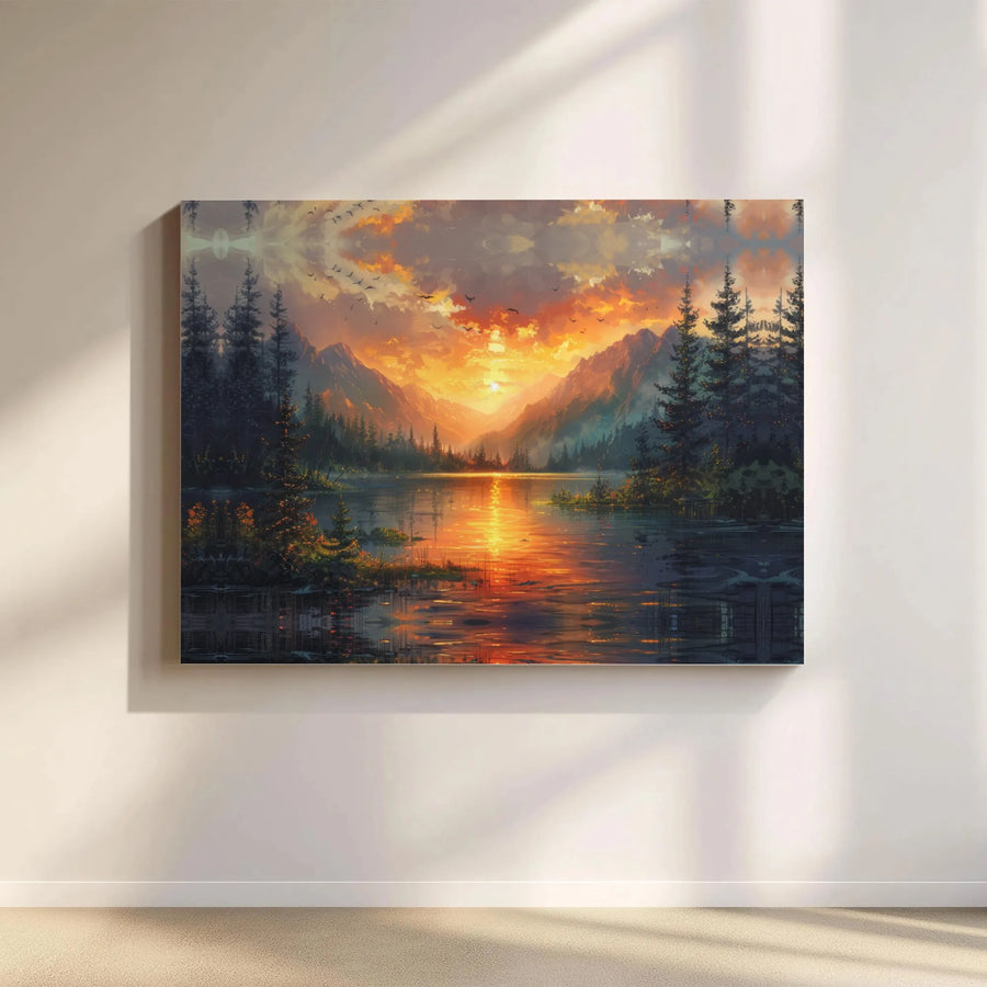 Mountain Lake Sunset Canvas Wall Art | Golden Hour Pine Forest Print | 1.25-Inch Premium Gallery Wrap | Nature-Inspired Home Decor