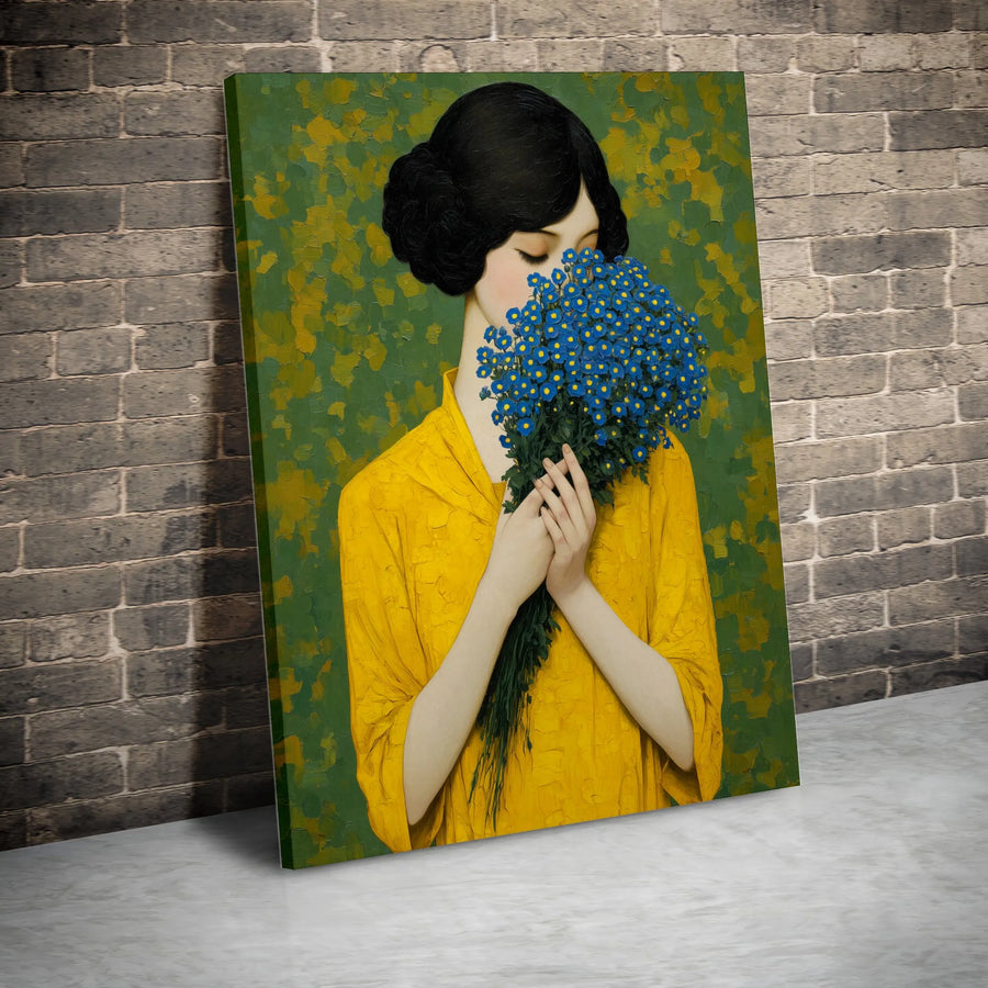Woman with Flowers Canvas Print | Impressionist Portrait Painting with Blue Bouquet | Premium Gallery Wrapped Wall Art | Living Room & Bedroom Decor Gift