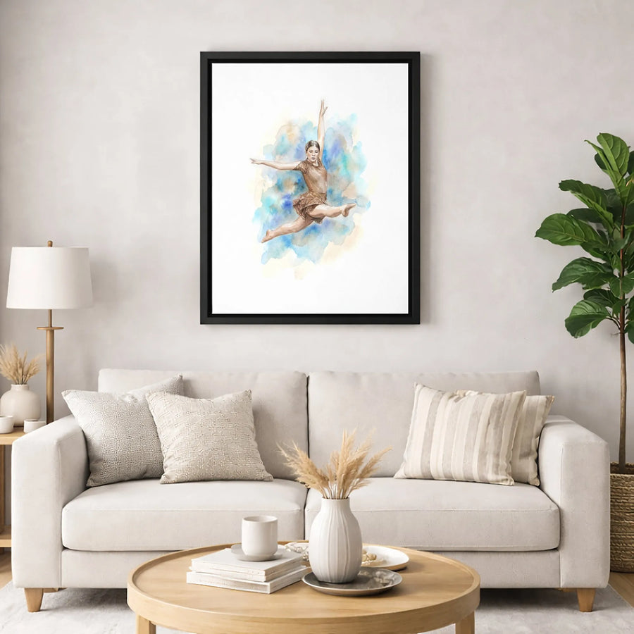 Watercolor Ballerina Wall Art | Leaping Female Dancer Print | Premium Gallery Wrapped Canvas | Elegant Dance Studio Decor Gift