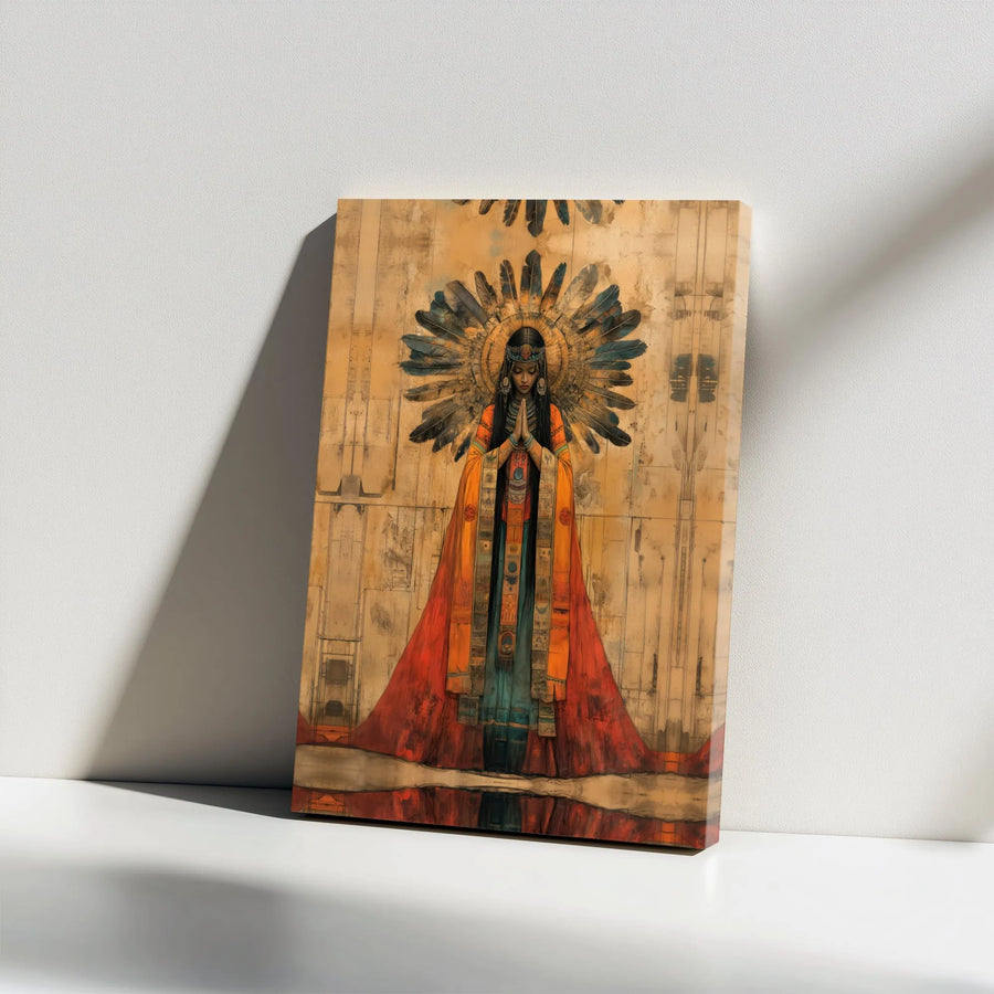 Native American Woman Wall Art | Spiritual Praying Figure with Feather Headdress | Premium Gallery Wrapped Canvas | Cultural Home Decor Gift