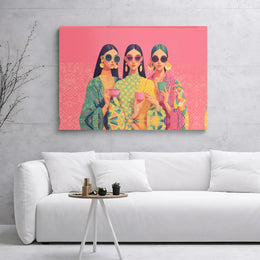 Fashionable Women Canvas Print | Three Girls Drinking Tea Wall Art | 1.25-Inch Gallery Wrap Decor | Stylish Pop Art Gift for Her Home Office