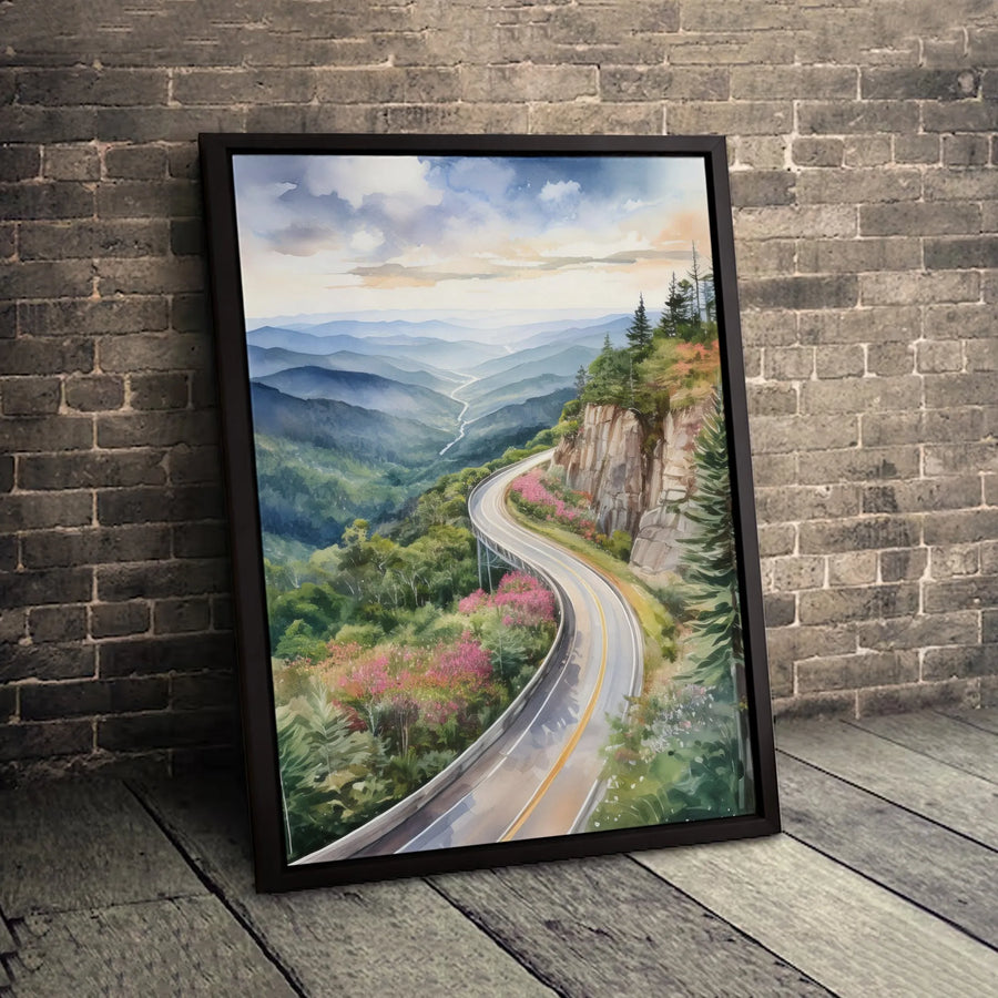 Blue Ridge Mountains Canvas Wall Art | Watercolor Winding Mountain Road Landscape | Gallery Quality Print | Nature Home Decor Gift for Travelers