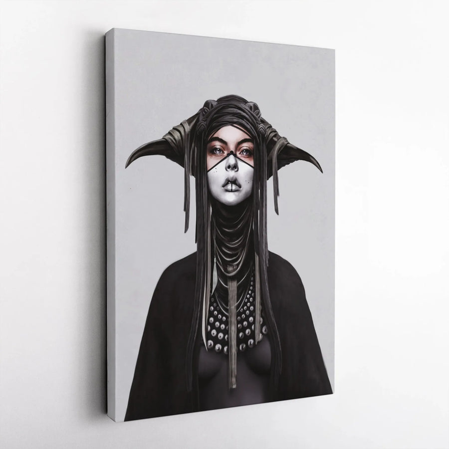 Gothic Horned Priestess Canvas Art | Mystical Female Portrait | Premium High-Resolution Print | Dark Fantasy Home Decor Gift