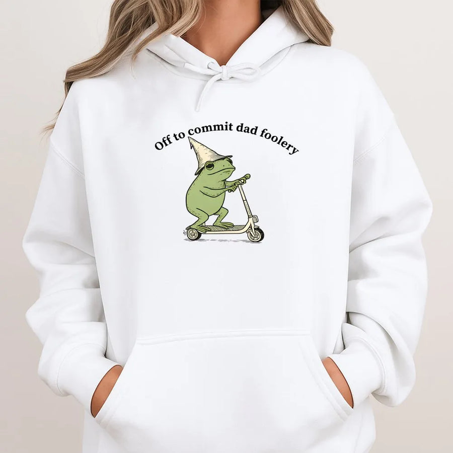 Dad Foolery Hoodie | Funny Frog on Scooter Graphic Crewneck | Soft Cotton Blend | Humorous Gift For Dad, Fathers Day