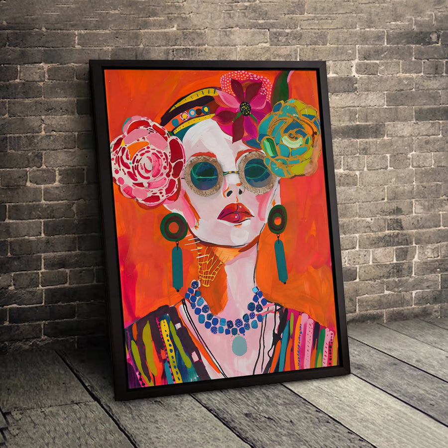 Bohemian Woman Portrait Canvas Art | Colorful Floral Fashion Wall Decor | Gallery-Wrapped Premium Print | Modern Aesthetic Statement Gift