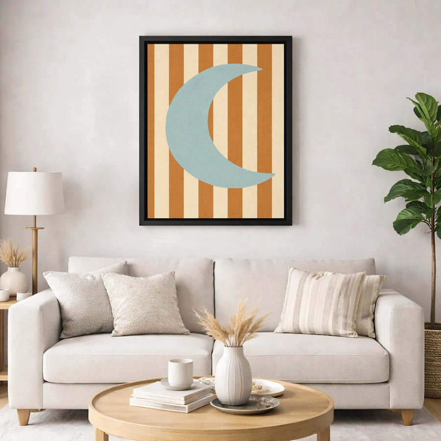 Crescent Moon Wall Art | Mid-Century Modern Striped Canvas | Gallery Quality 1.25” Thick Print | Minimalist Boho Home Decor Gift