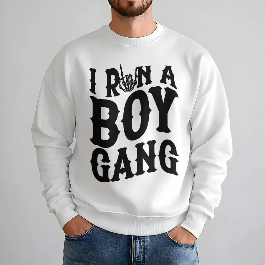 I Run A Boy Gang Sweatshirt | Skeleton Hand Rock Graphic | Premium Cotton Blend Crewneck | Gift For Boy Mom Or Dad