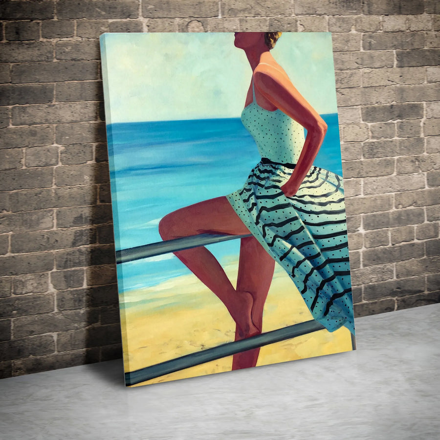 Retro Beach Woman Vertical Canvas | Vintage Style Seaside Painting Print | Premium Gallery Wrapped Canvas | Modern Coastal Home Decor Gift