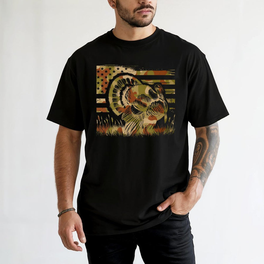 Wild Turkey Camo Flag T-Shirt | Patriotic American Flag & Hunting Graphic | 100% Cotton Premium Tee | Outdoor Enthusiast Gift