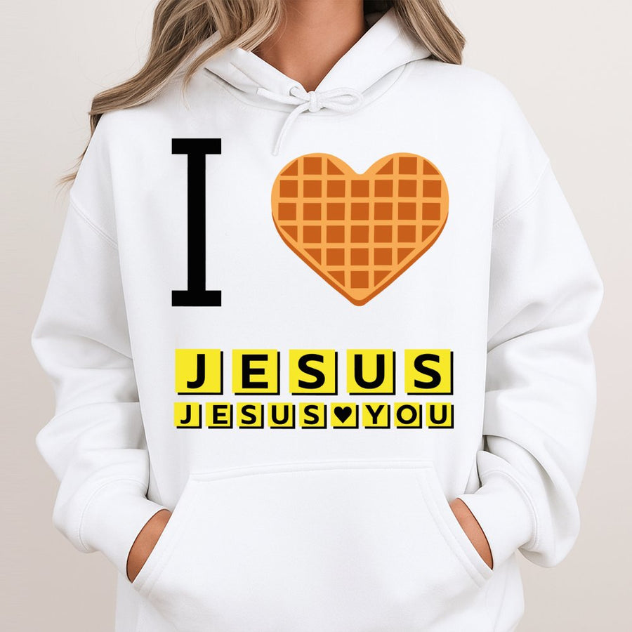 I Love Jesus Waffle Hoodie | Christian Faith Graphic Apparel | Premium Cotton-Blend Pullover | Religious Gift for Men and Women