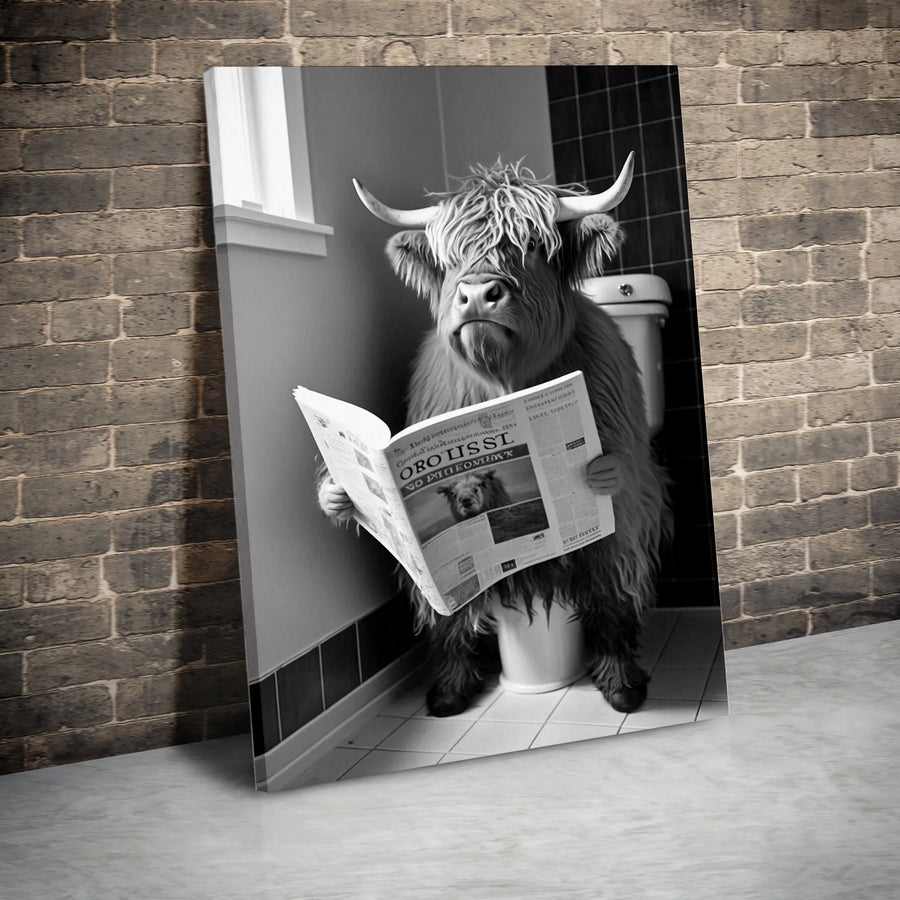 Highland Cow Bathroom Wall Art | Funny Toilet Reading Newspaper Print | Premium Gallery Canvas | Quirky Farmhouse Home Decor Gift