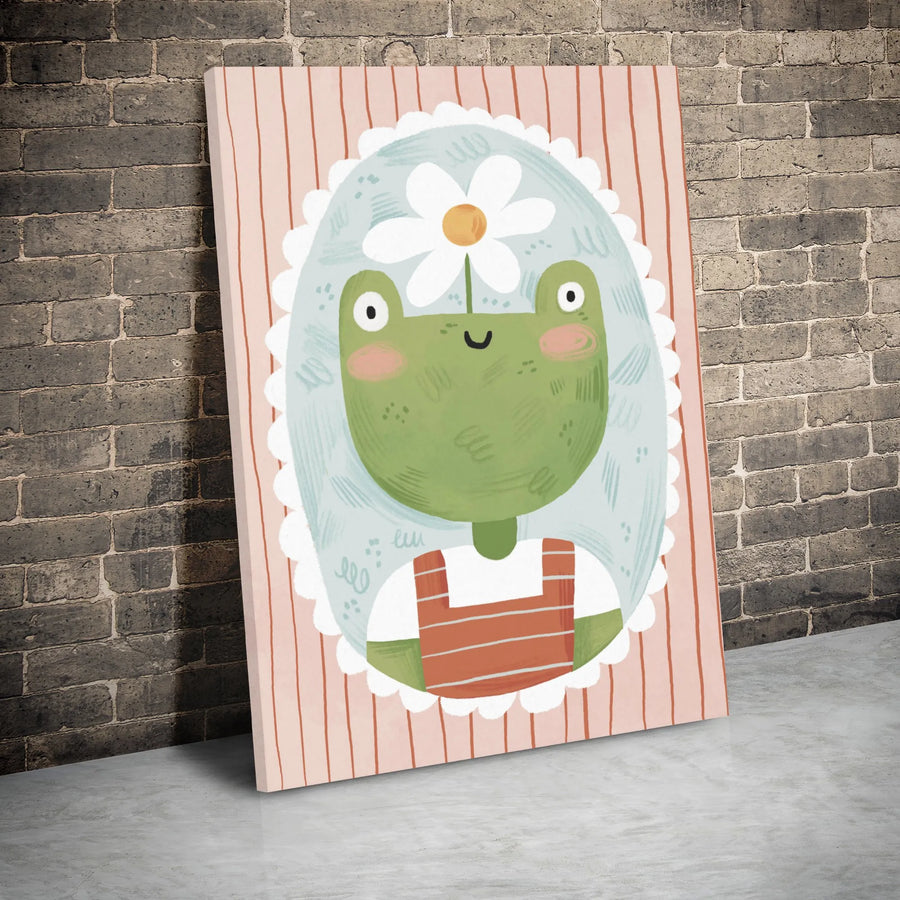 Cute Frog Wall Art | Whimsical Daisy Portrait Canvas | Premium Gallery Wrap Decor | Nursery Or Cottagecore Bedroom Gift