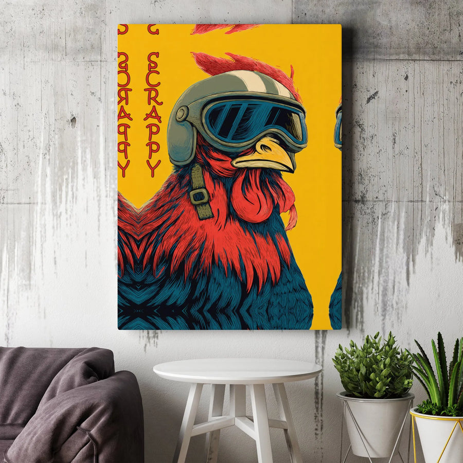 Scrappy Rooster Wall Art | Motorcycle Biker Chicken Canvas | Premium Gallery Wrap Decor | Quirky Farmhouse Gift for Men