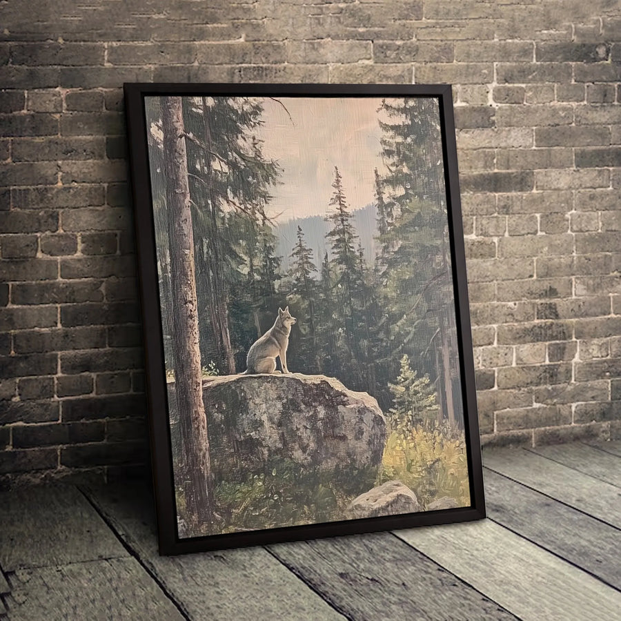 Wolf Wall Art Canvas | Lone Wolf Sitting On Rock Pine Forest Painting | Premium Gallery Wrap Print | Nature Home Decor & Wildlife Lover Gift