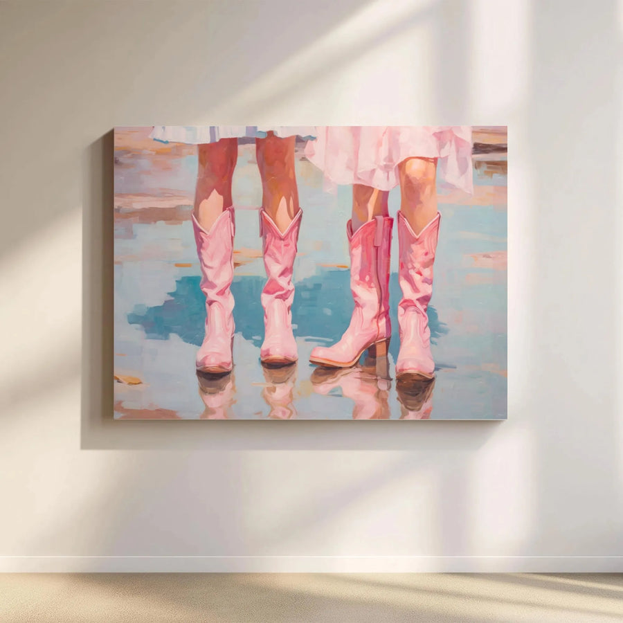 Pink Cowboy Boots Canvas Wall Art | Coastal Cowgirl Painting Print | Premium Gallery Wrap Canvas | Aesthetic Western Decor Gift for Her