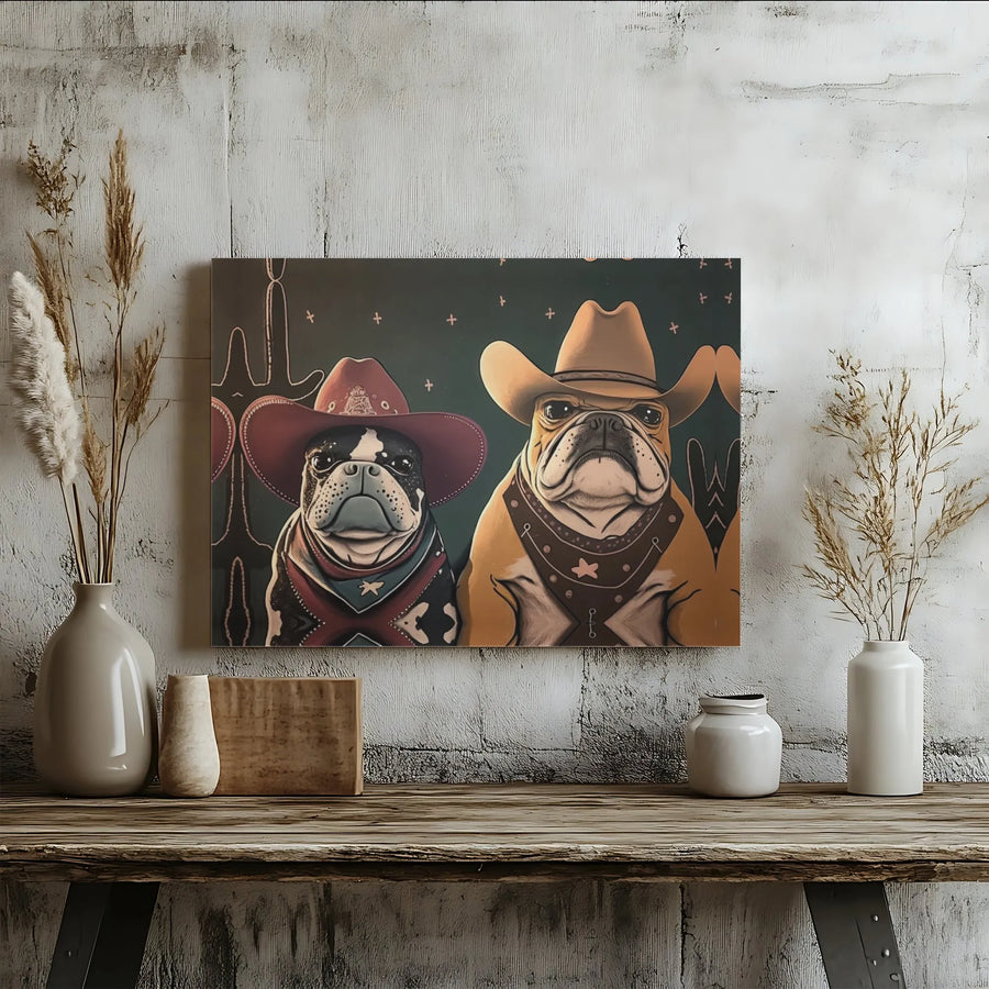 French Bulldog Cowboy Canvas Wall Art | Whimsical Western Dog Portrait | Premium Gallery Wrap Decor | Gift for Dog Lovers & Ranch Decor