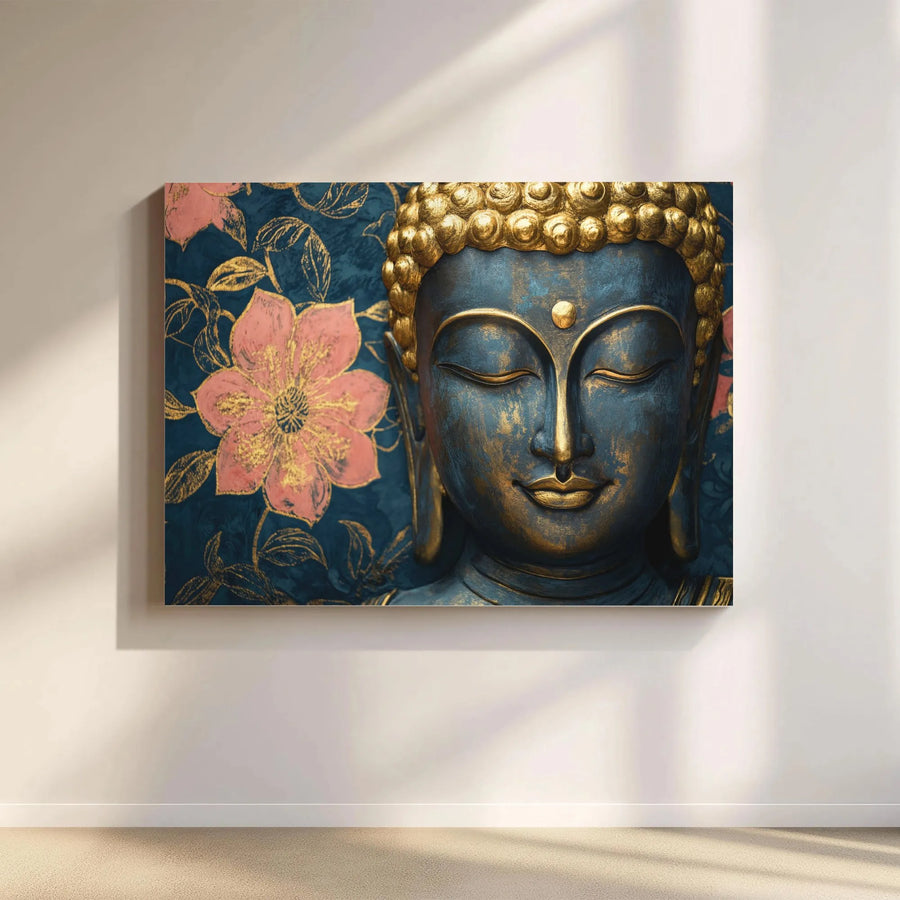 Buddha Canvas Wall Art | Blue and Gold Floral Zen Design | 1.25-Inch Gallery Wrap | Premium Spiritual Home Decor Gift